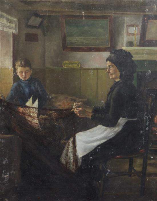 English School Cottage interior with woman mending nets, 19 x 15in., unframed